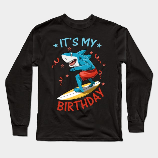 Funny Shark Birthday Summer Surfer Bday Surfboard Long Sleeve T-Shirt by melostore